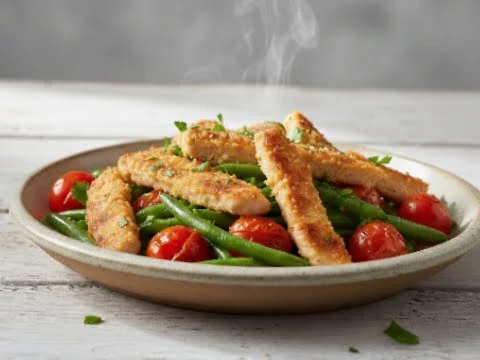 Pfanne mit Putengeschnetzeltem, grünen Bohnen und Tomaten zubereitet in der Heißluftfritteuse