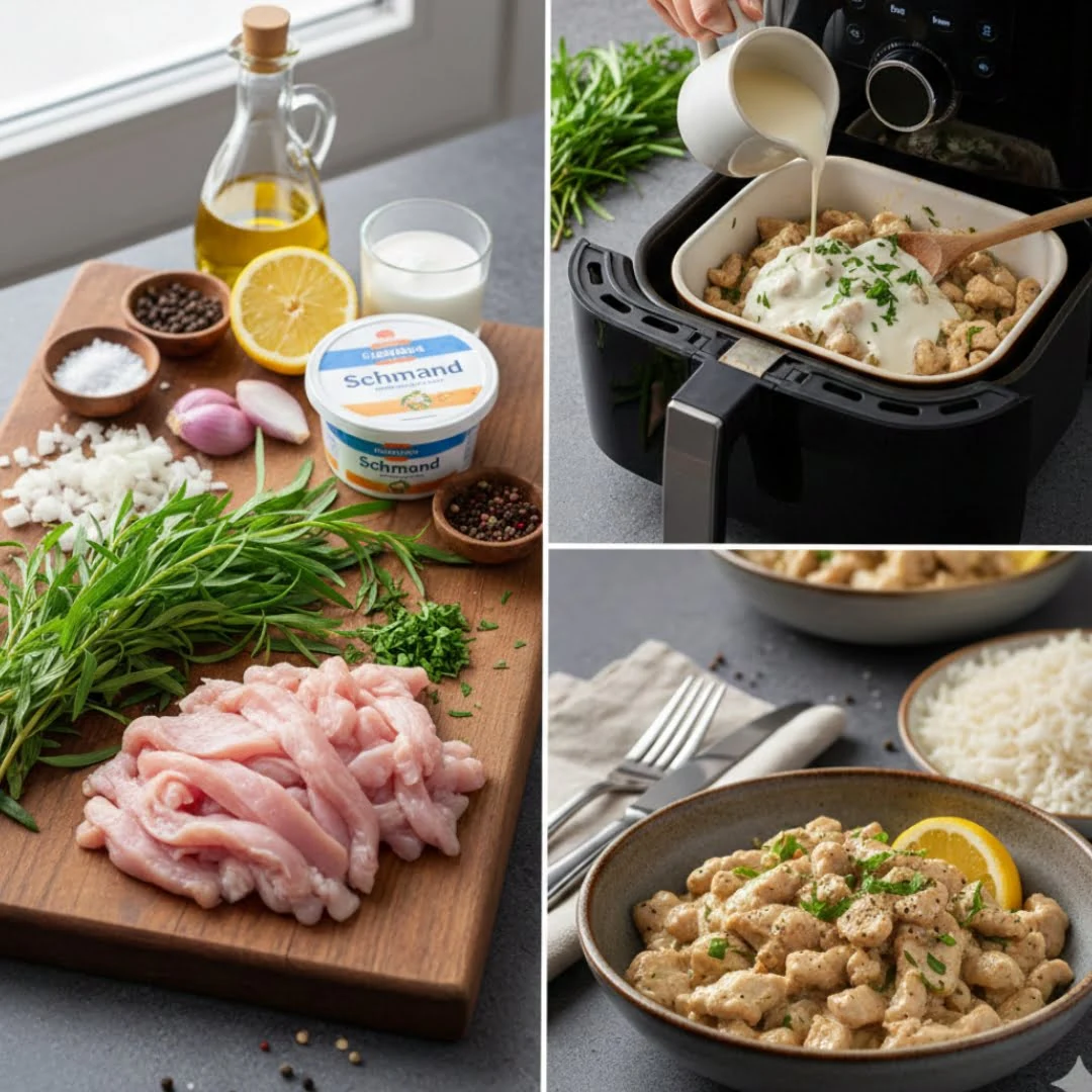 Hausgemachtes Putengeschnetzeltes mit cremiger Estragon-Schmand-Sauce aus dem Airfryer