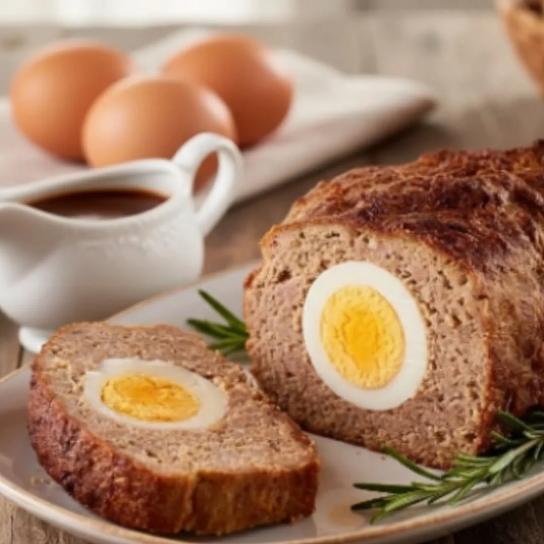 Nahaufnahme eines aufgeschnittenen, saftigen Hackbratens mit knuspriger Kruste aus der Heißluftfritteuse