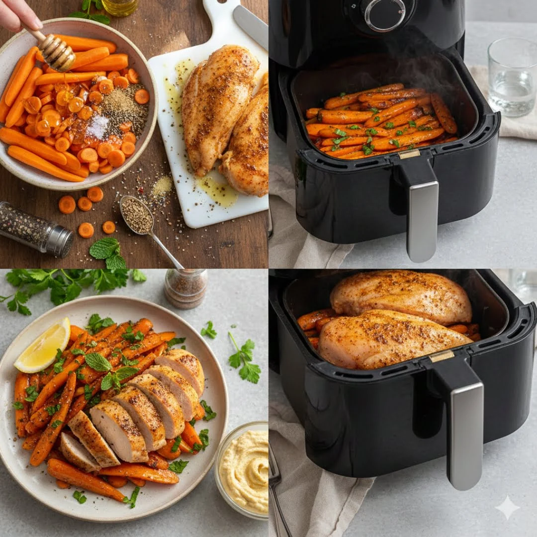 Zartes Hähnchenbrustfilet mit glasierten marokkanischen Möhren, serviert auf einem weißen Teller - Zubereitet in der Heißluftfritteuse