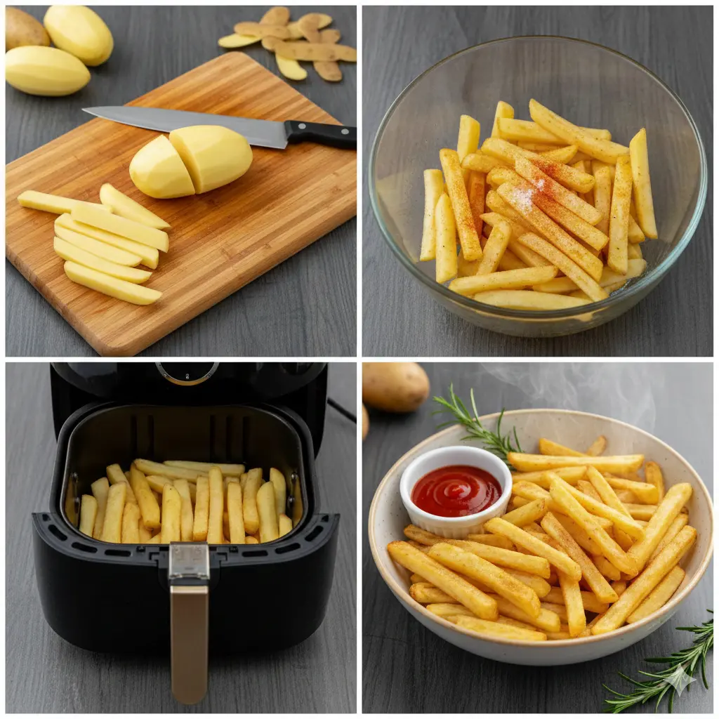 Knusprige Airfryer Pommes Schritt-für-Schritt Zubereitungsanleitung – Kartoffelstifte vorbereiten und würzen
