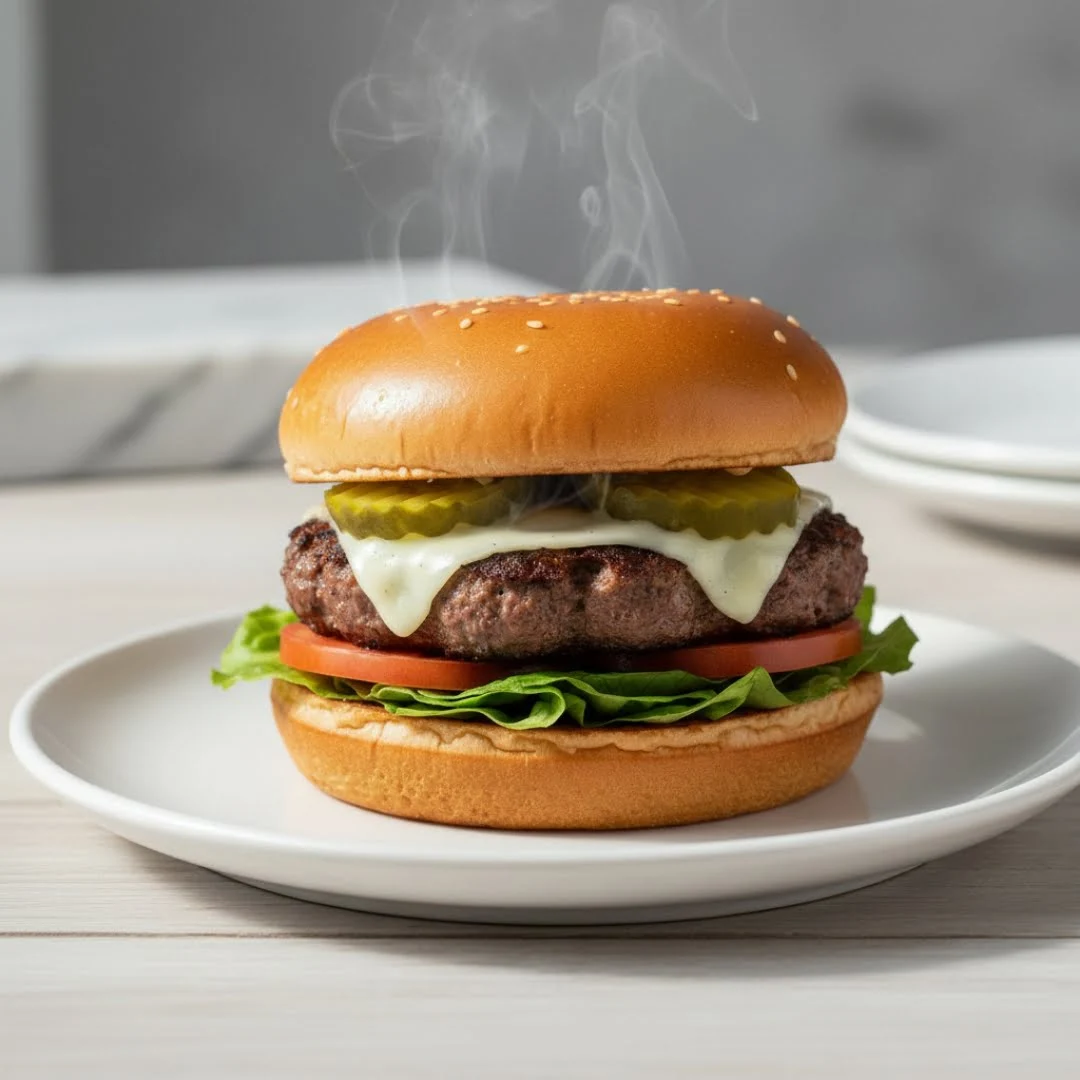 Ein servierter Burger mit Pommes auf einem Teller