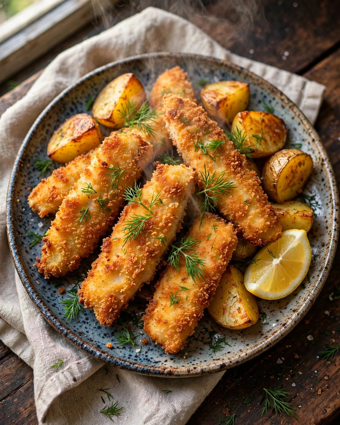 Fischstäbchen-Teller mit goldbraunen Kartoffeln und frischem Dill aus dem Airfryer
