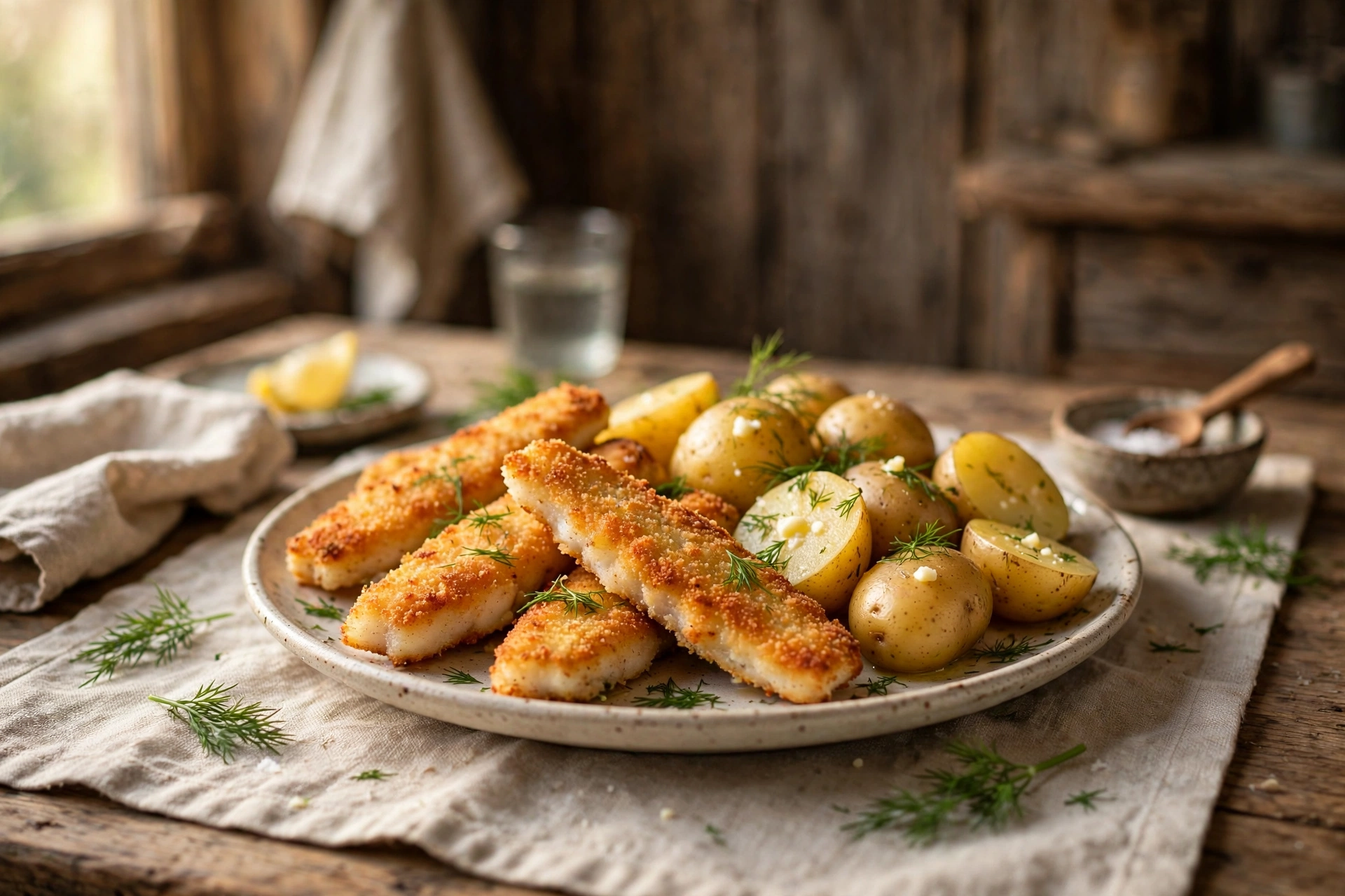 Fischstäbchen mit Kartoffeln auf einem Teller – ein klassisches Familienessen