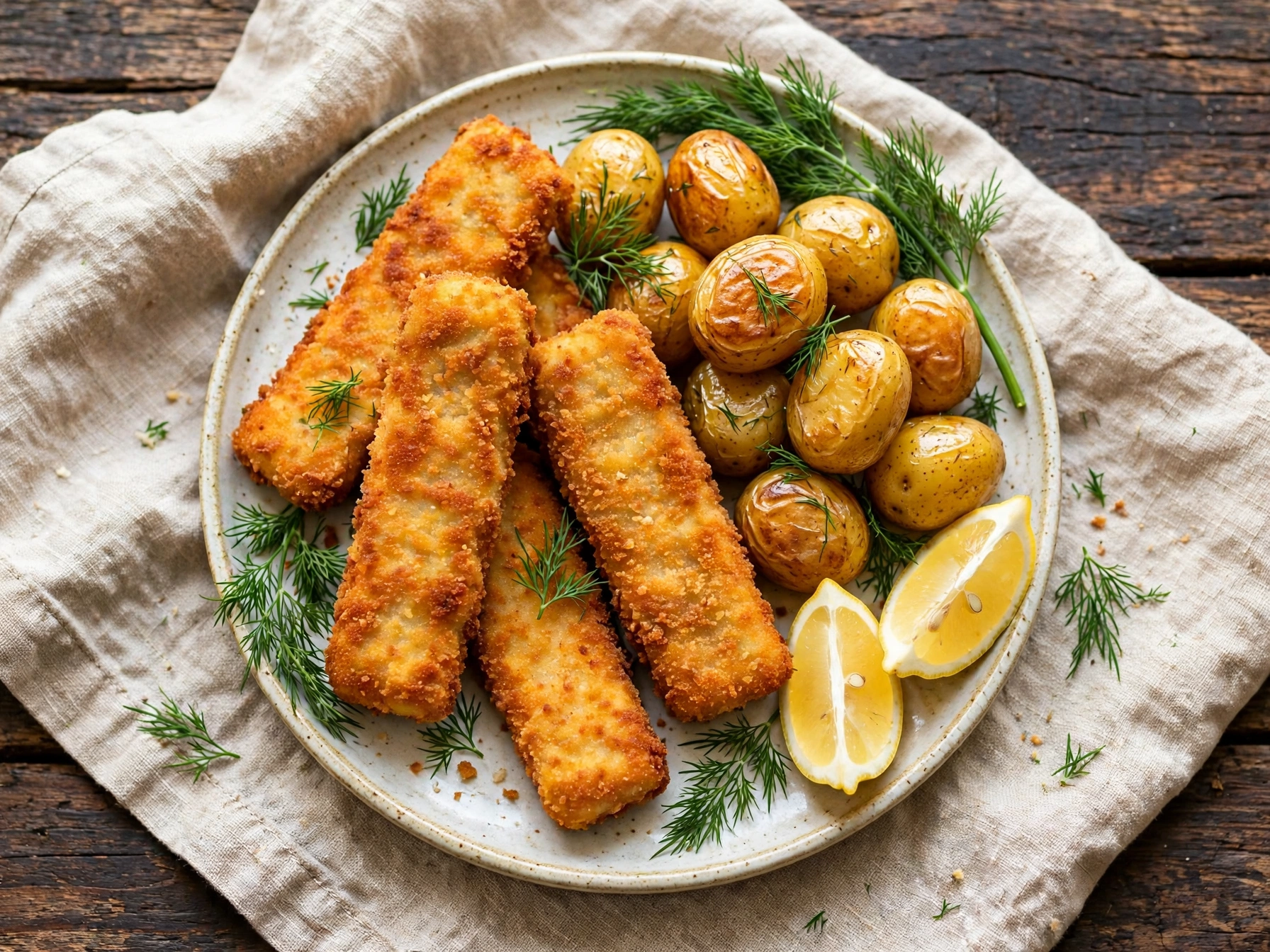 Fertiger Fischstäbchen-Teller mit Kartoffeln und frischem Dill