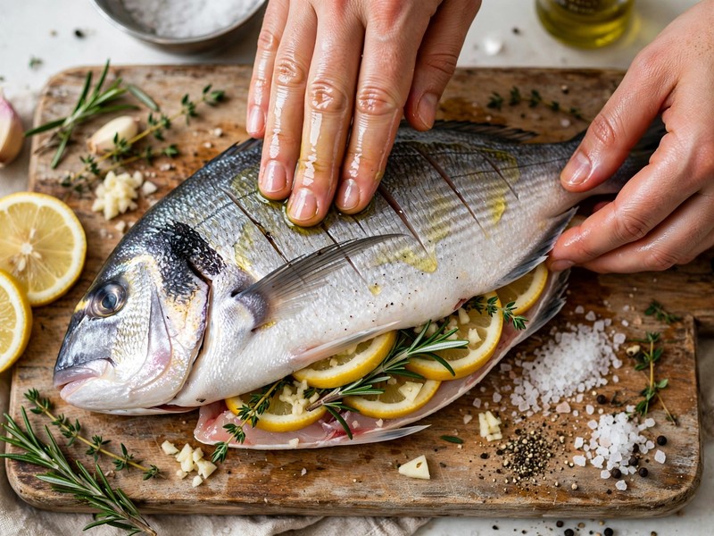 Gefüllte und geölte Dorade liegt bereit für den Airfryer