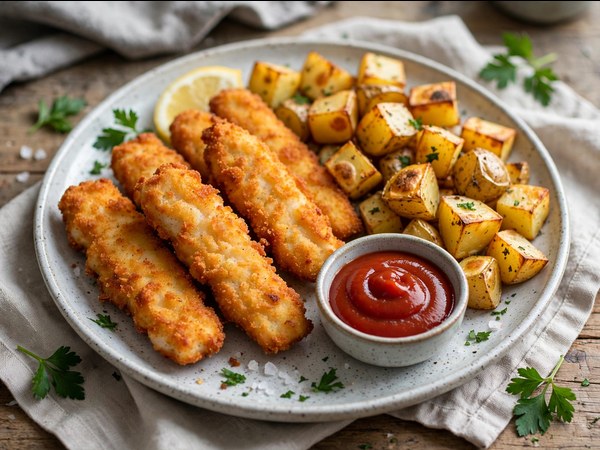 Fischstäbchen-Teller mit goldbraunen Kartoffeln aus dem Airfryer