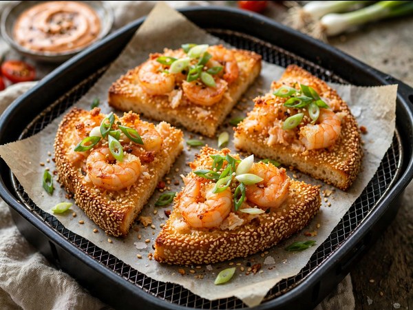 Knuspriger Garnelen-Toast mit Sesam und Frühlingszwiebeln aus dem Airfryer