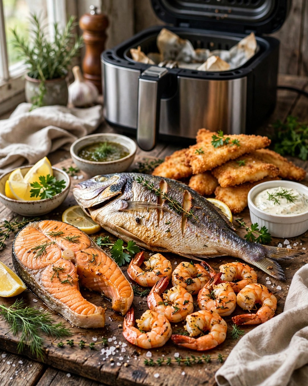 Knuspriger Fisch mit Zitrone und frischen Kräutern frisch aus der Heißluftfritteuse