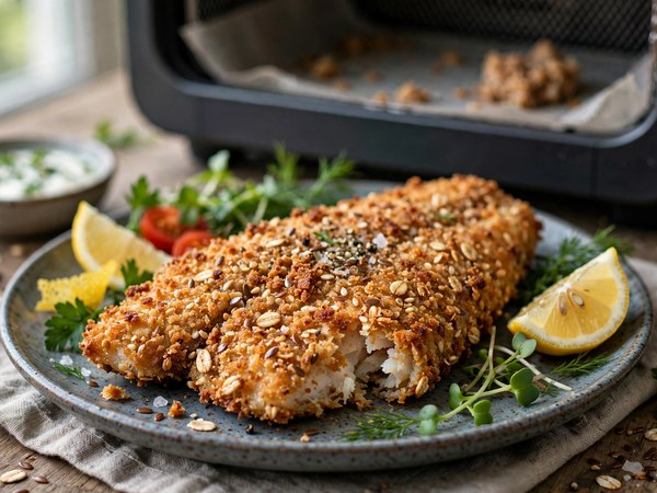 Goldbraunes Fischfilet in Vollkornpanade mit Gemüse aus dem Airfryer