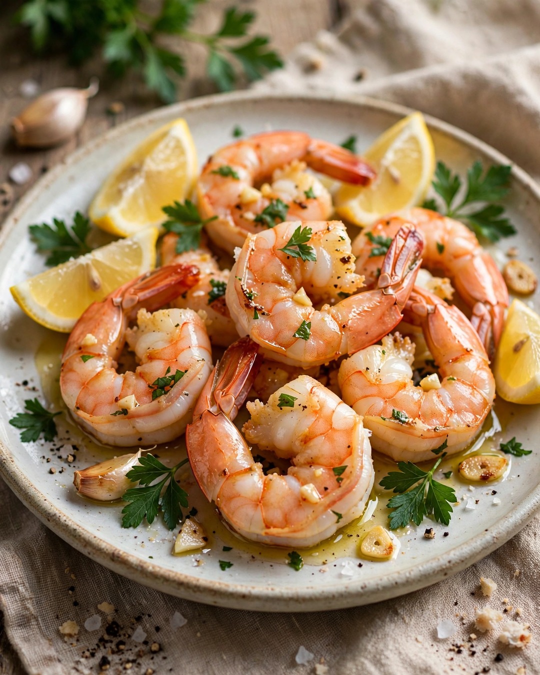 Saftige Knoblauch-Garnelen mit Zitrone und Petersilie frisch aus der Heißluftfritteuse