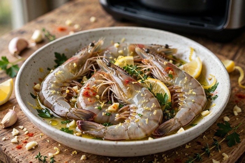 Garnelen in Zitronen-Knoblauch-Marinade vor dem Garen im Airfryer