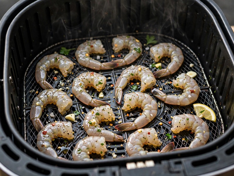 Garnelen einzeln in einer Schicht im Airfryer-Korb – nicht stapeln