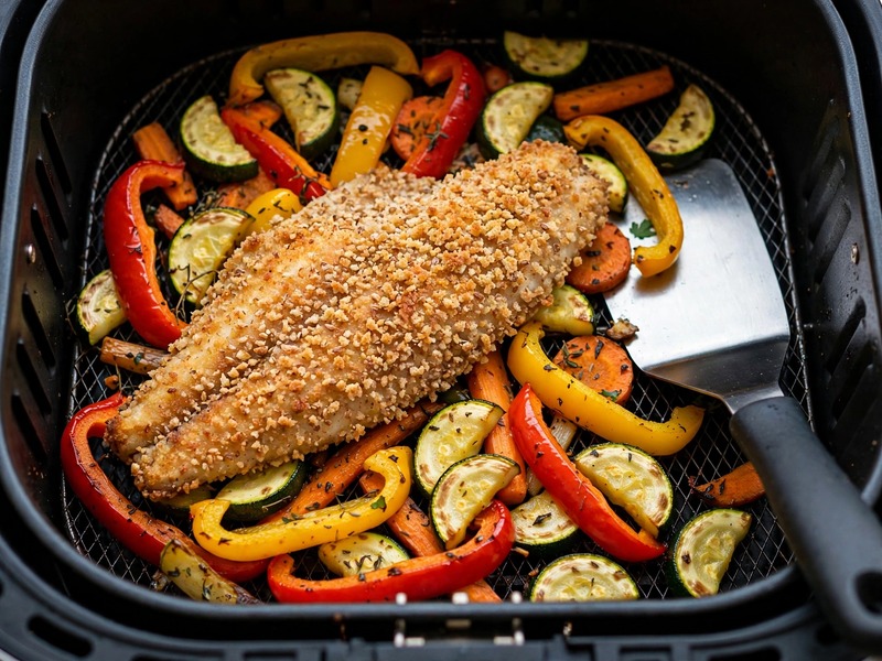 Panierter Fisch liegt auf dem Gemüsebett im Airfryer – kurz vor dem Servieren