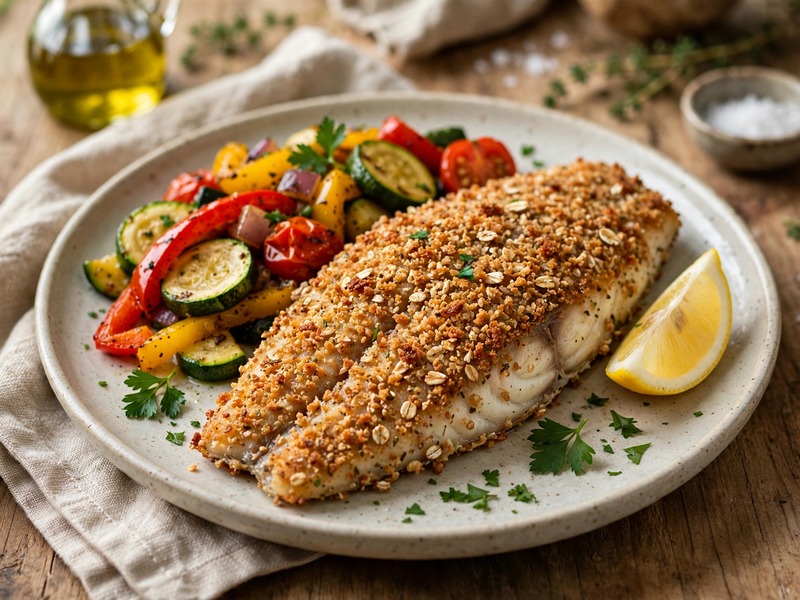 Fertig angerichtetes Fischfilet in Vollkornpanade mit buntem Gemüse und Zitronenspalte