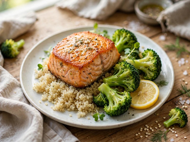 Lachsfilet aus dem Airfryer mit Quinoa, Brokkoli und Zitrone auf einem Teller