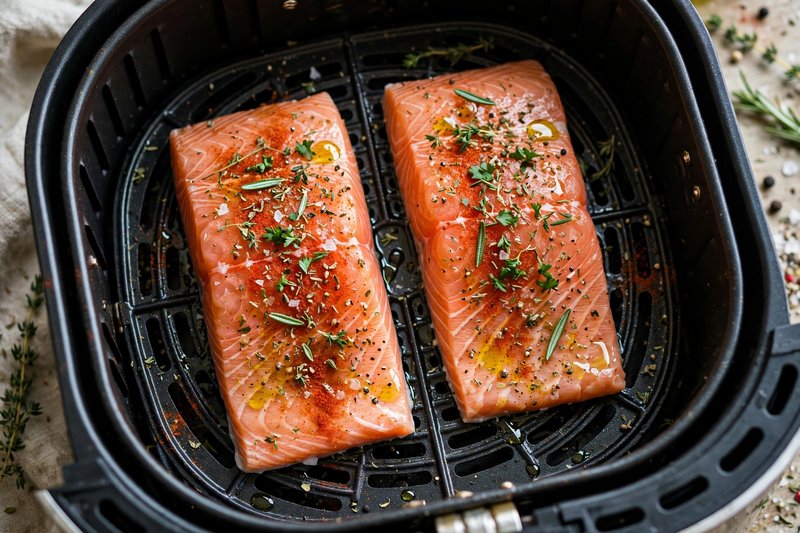 Zwei Lachsfilets vor dem Garen im Airfryer – gewürzt mit Paprikapulver und Kräutern