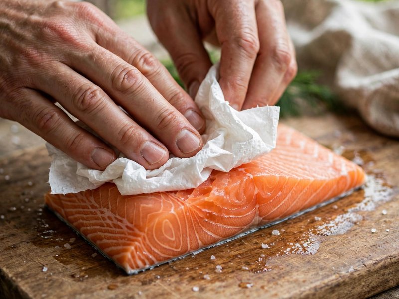 Lachsfilet wird mit Küchenpapier trocken getupft – wichtigster Schritt für die Kruste