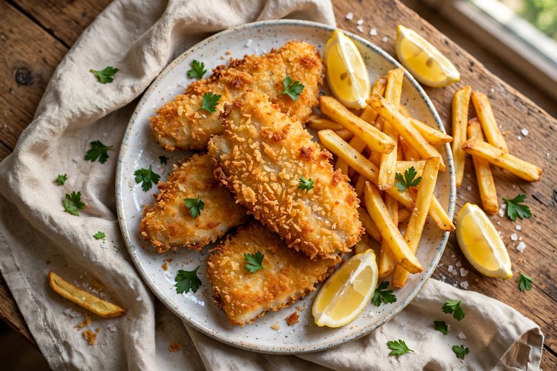 Panierter Fisch mit Pommes und Zitrone – ein klassisches Gericht