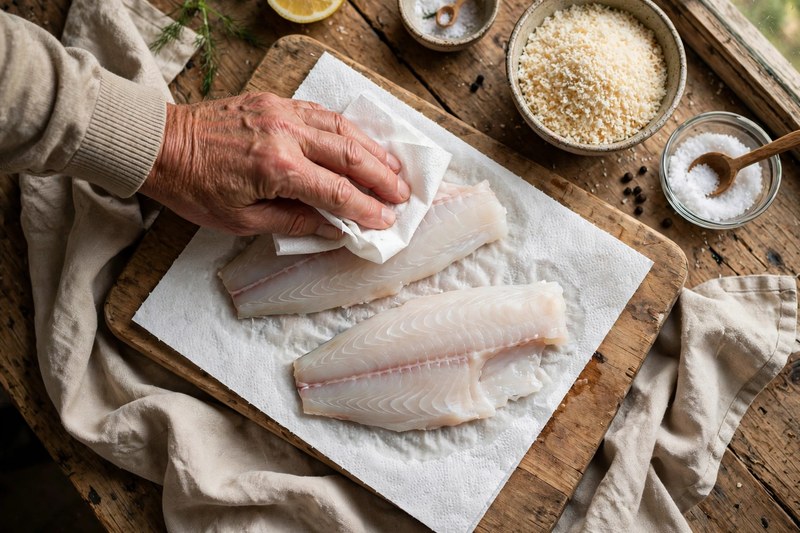 Zwei Fischfilets werden mit Küchenpapier trocken getupft – der wichtigste Schritt für eine knusprige Panade