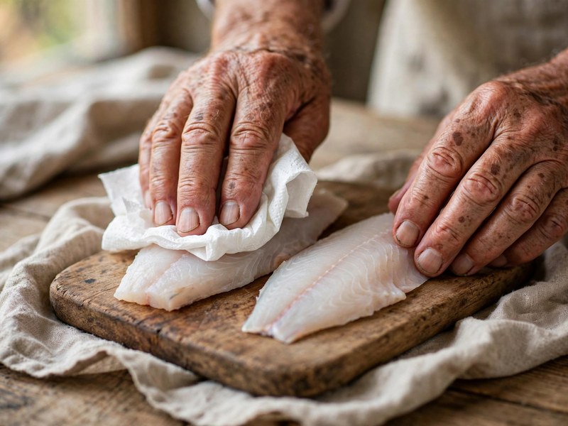 Fischfilets werden mit Küchenpapier trocken getupft