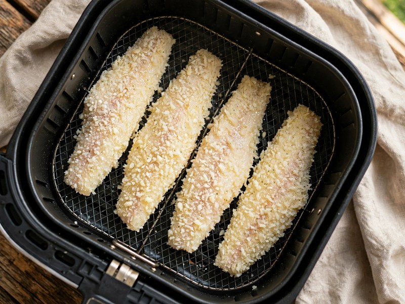 Panierte Fischfilets im Airfryer-Korb, leicht mit Öl besprüht
