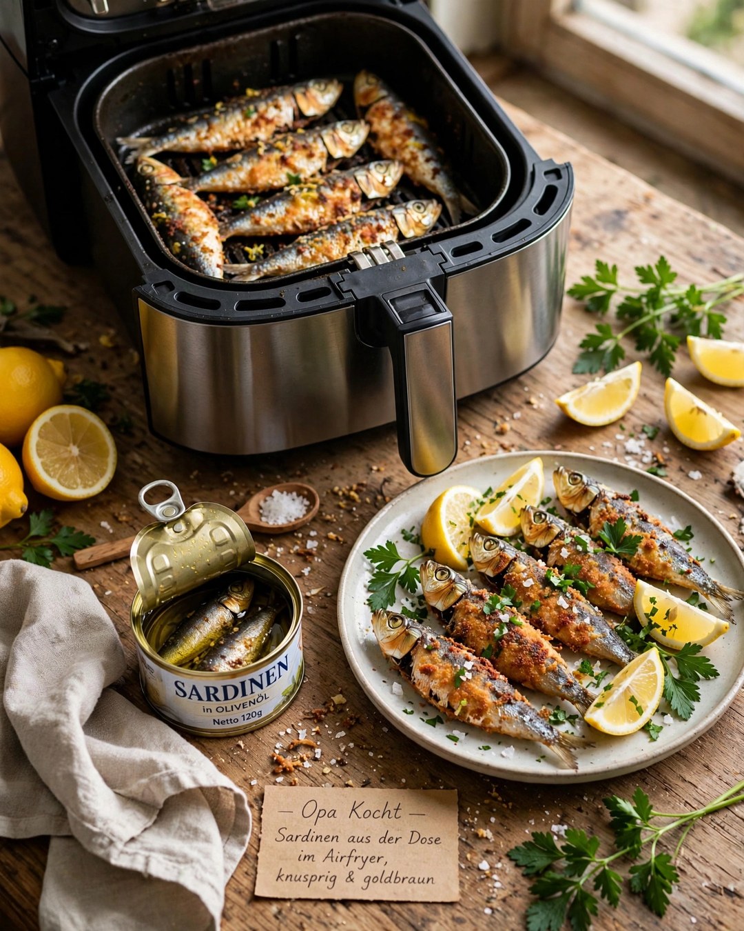 Knusprige Sardinen aus der Dose mit Zitrone und frischen Kräutern aus dem Airfryer