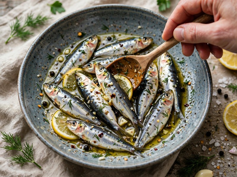 Sardinen werden vorsichtig in der Marinade gewendet