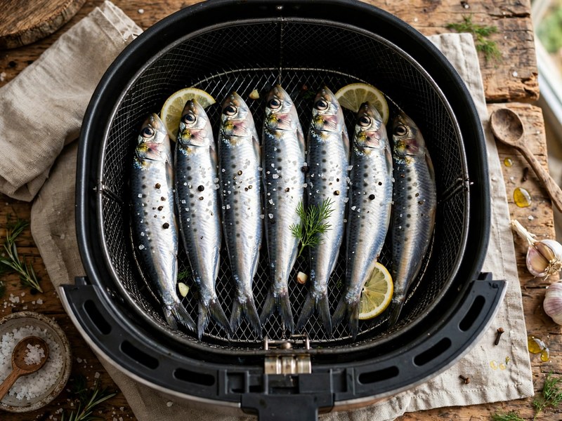 Sardinen liegen in einer einzelnen Schicht im Airfryer-Korb