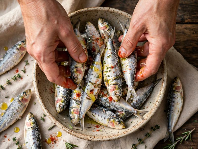 Gefrorene Sardinen werden mit Olivenöl und Gewürzen vermengt