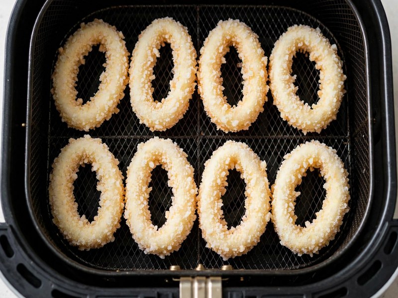 TK-Tintenfischringe werden in einer Schicht in den Airfryer gelegt und mit Öl besprüht