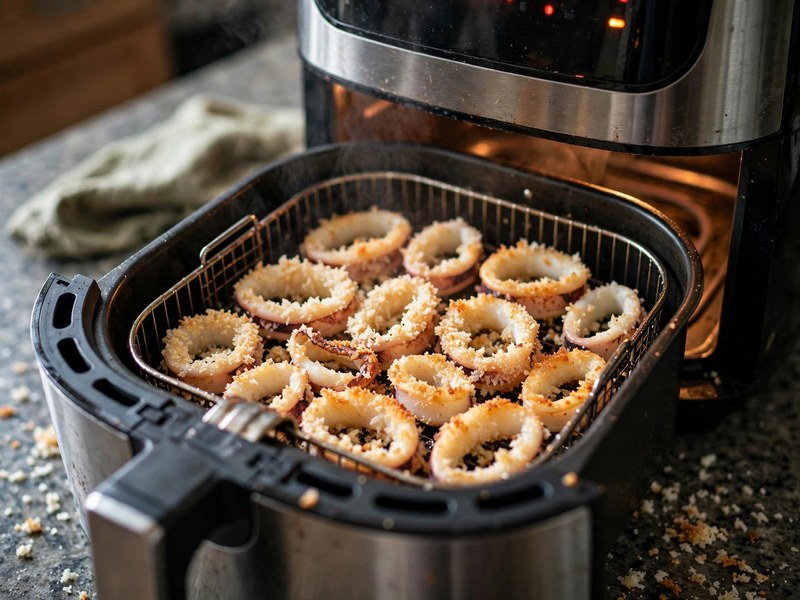Tintenfischringe garen im Airfryer bei 180 bis 200 Grad