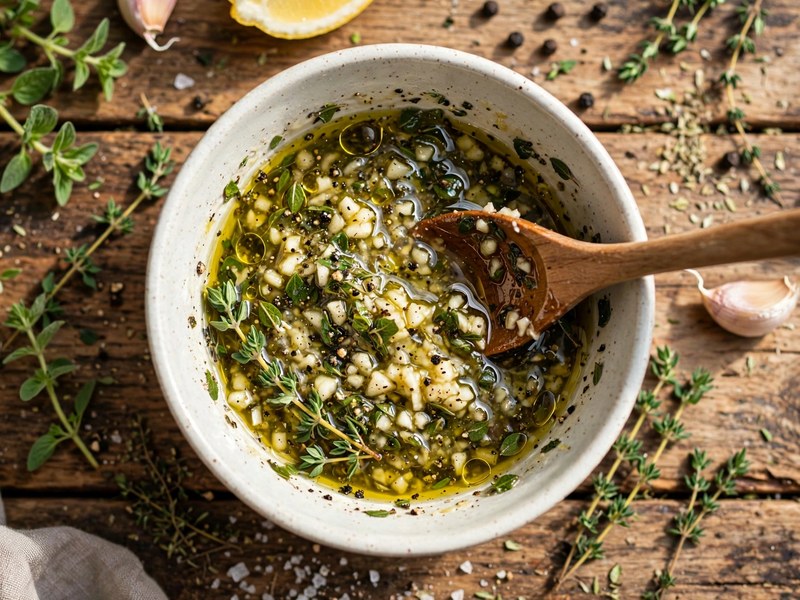 Mediterrane Marinade mit Olivenöl, Knoblauch und Kräutern wird angerührt