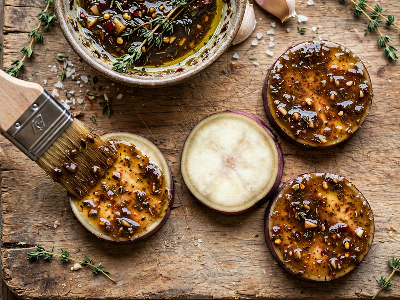Auberginen-Scheiben werden mit der Marinade bestrichen