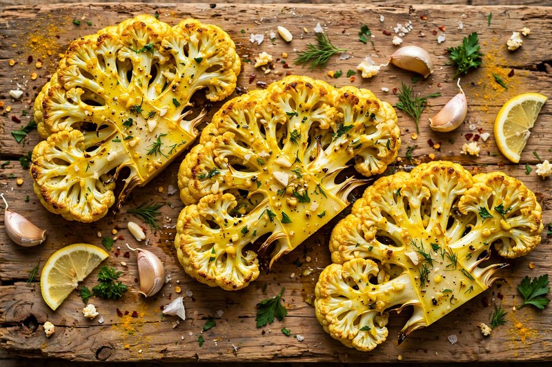 Blumenkohl-Steaks mit Kurkuma-Knoblauch-Marinade auf einem Holzbrett