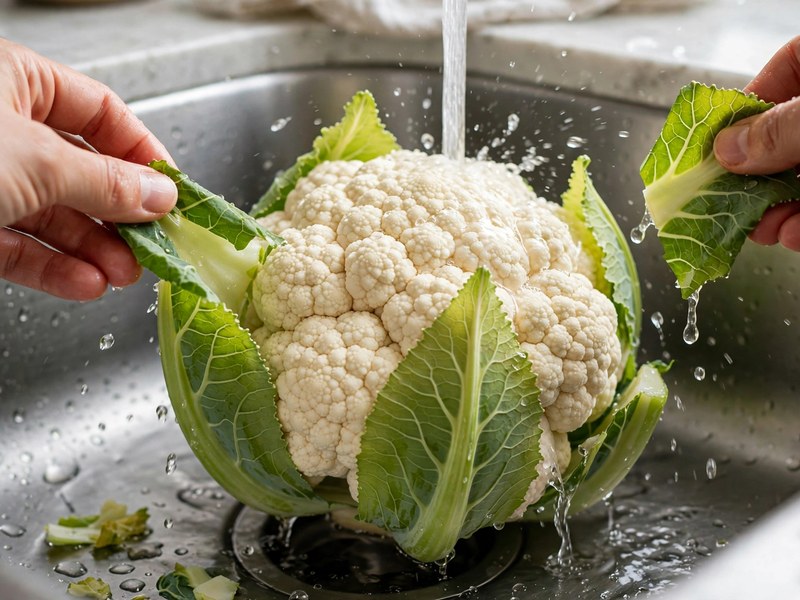 Blumenkohl wird gewaschen und von äußeren Blättern befreit