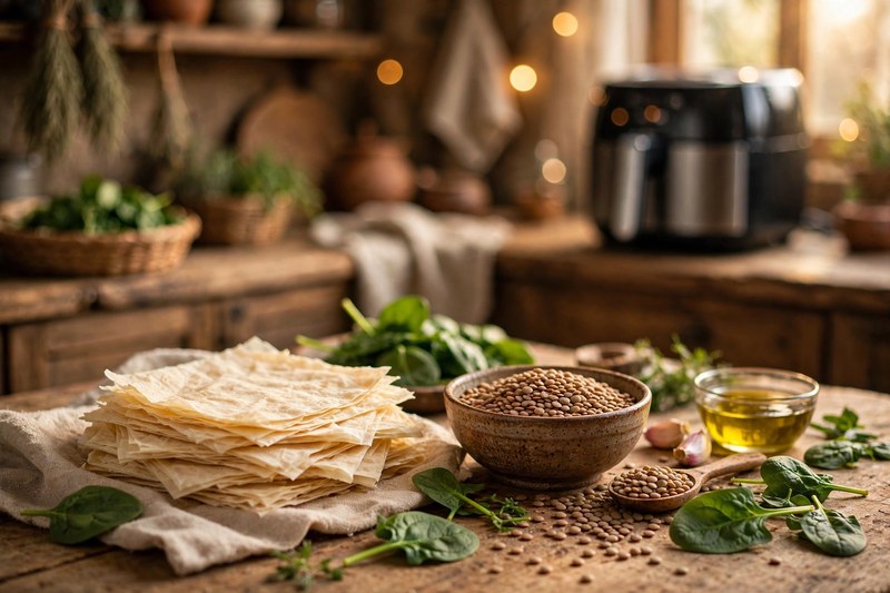 Börek-Röllchen mit Sesam und frischen Kräutern auf einem Teller