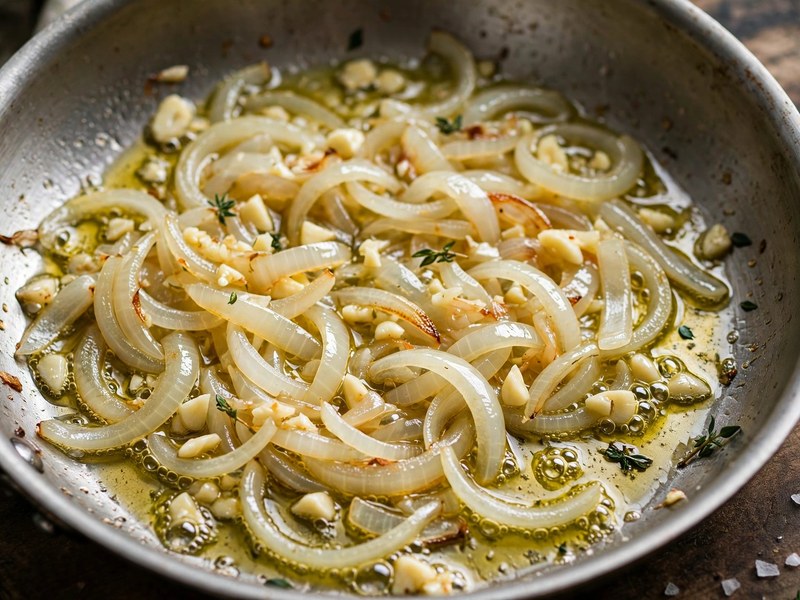 Zwiebel und Knoblauch werden in einer Pfanne glasig angedünstet