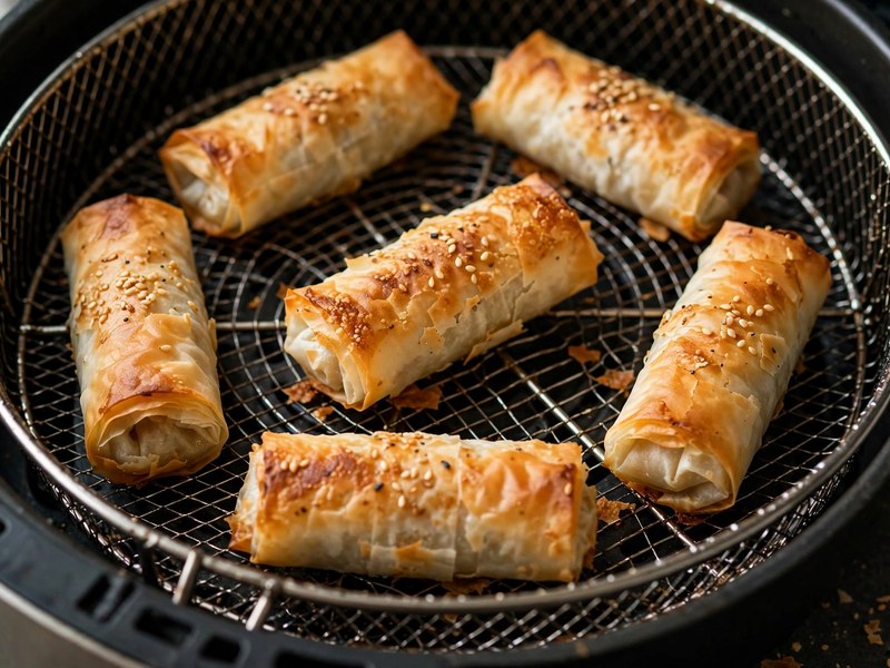 Börek-Röllchen garen im Airfryer-Korb bei 185 °C