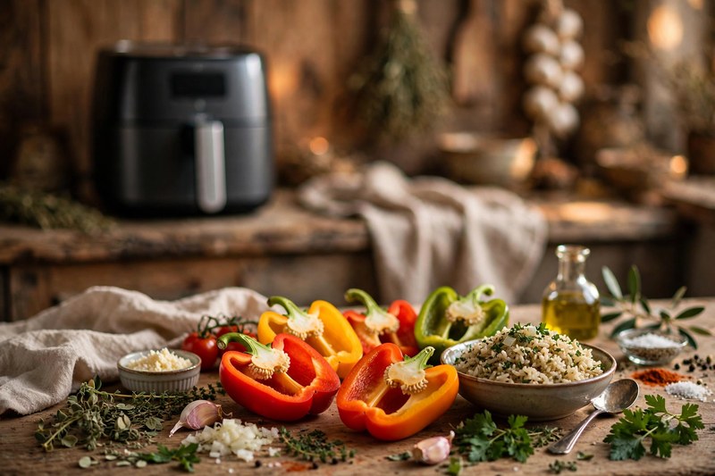 Frische Paprika in verschiedenen Farben mit Kräutern