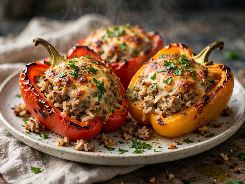 Servierfertige gefüllte Paprika mit Petersilie auf einem Teller