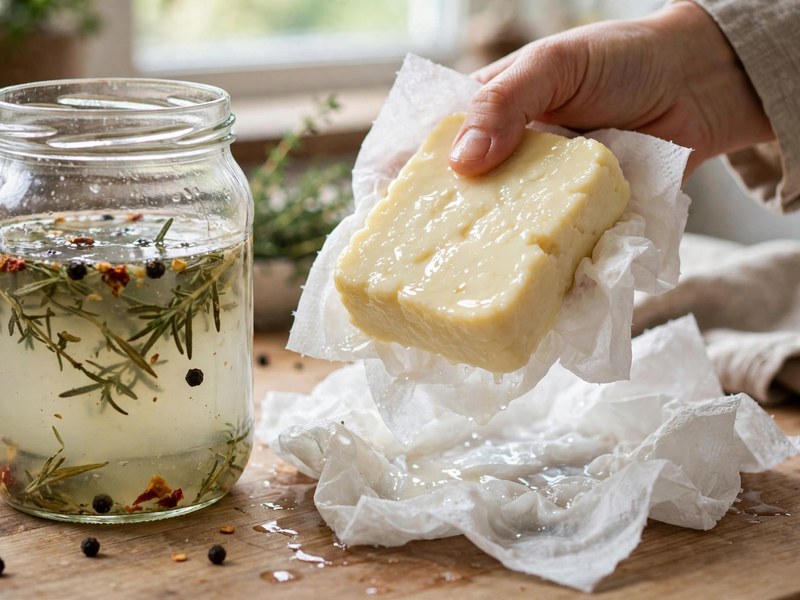 Halloumi wird mit Küchenpapier trocken getupft
