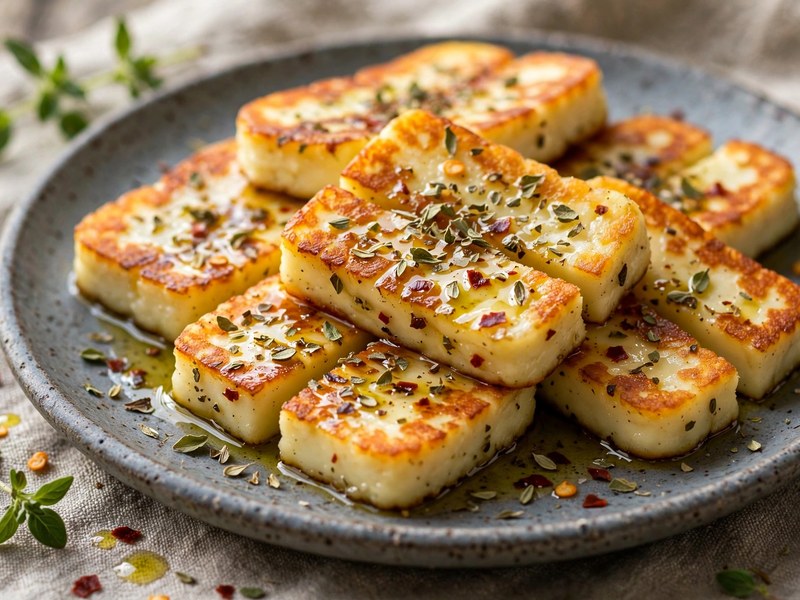 Halloumi-Scheiben werden mit Olivenöl und Kräutern gewürzt