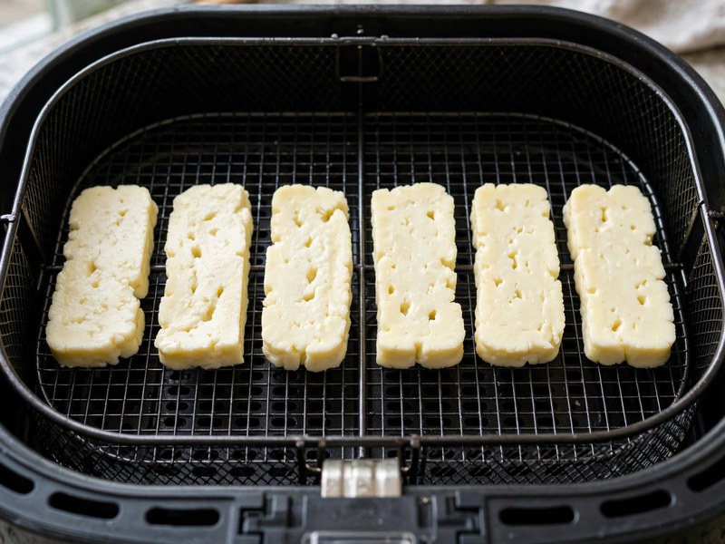 Halloumi-Scheiben liegen nebeneinander im Airfryer-Korb