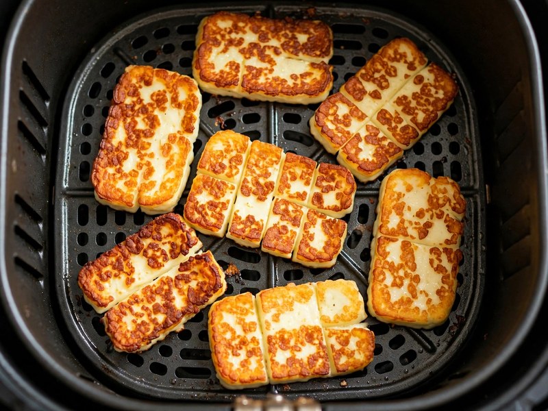 Halloumi bräunt im Airfryer nach 6 Minuten