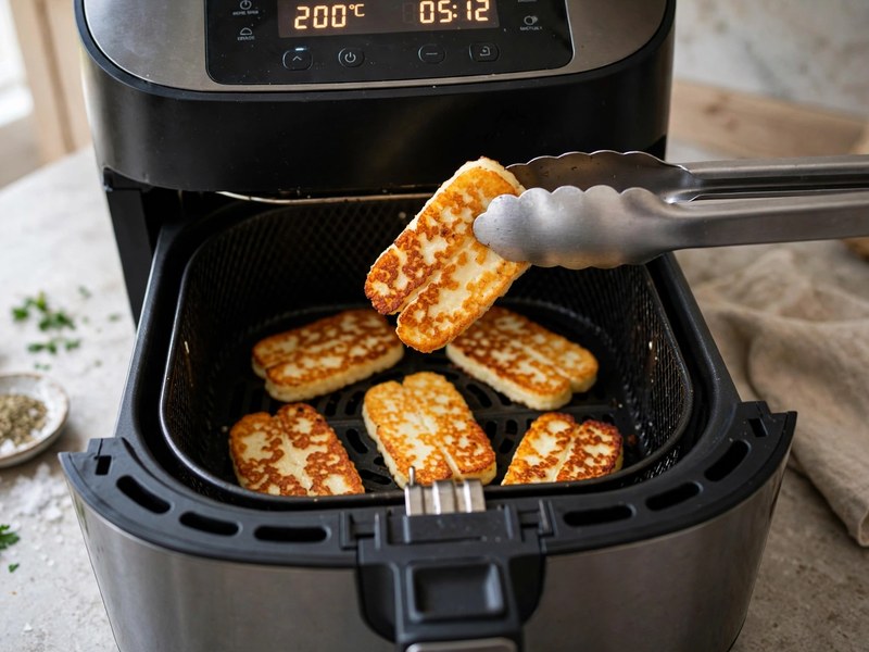 Halloumi wird mit einer Zange gewendet