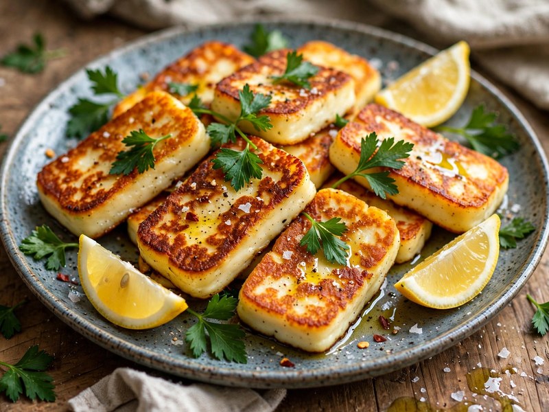 Servierfertiger Halloumi mit Petersilie und Zitrone auf einem Teller