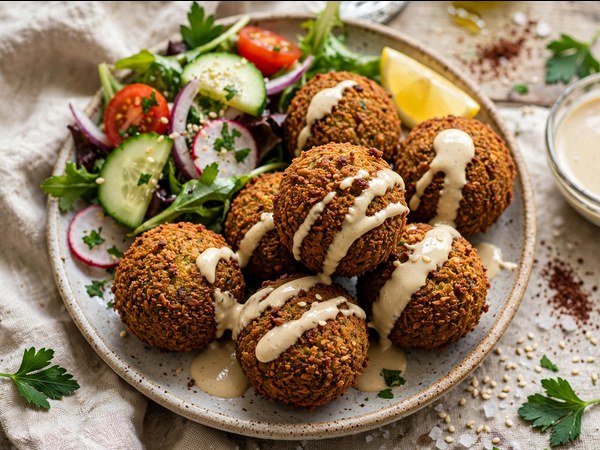Knusprige Falafel-Bällchen aus der Heißluftfritteuse auf Hummus