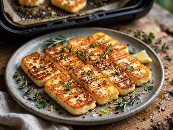 Goldbraun gebratene Halloumi-Scheiben mit Kräutern aus dem Airfryer