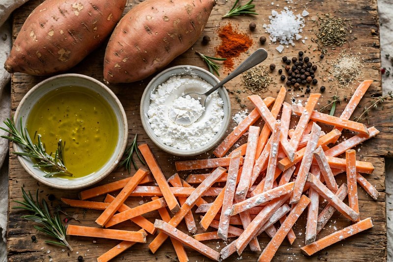 Süßkartoffeln, Olivenöl und Gewürze vorbereitet für Airfryer-Pommes